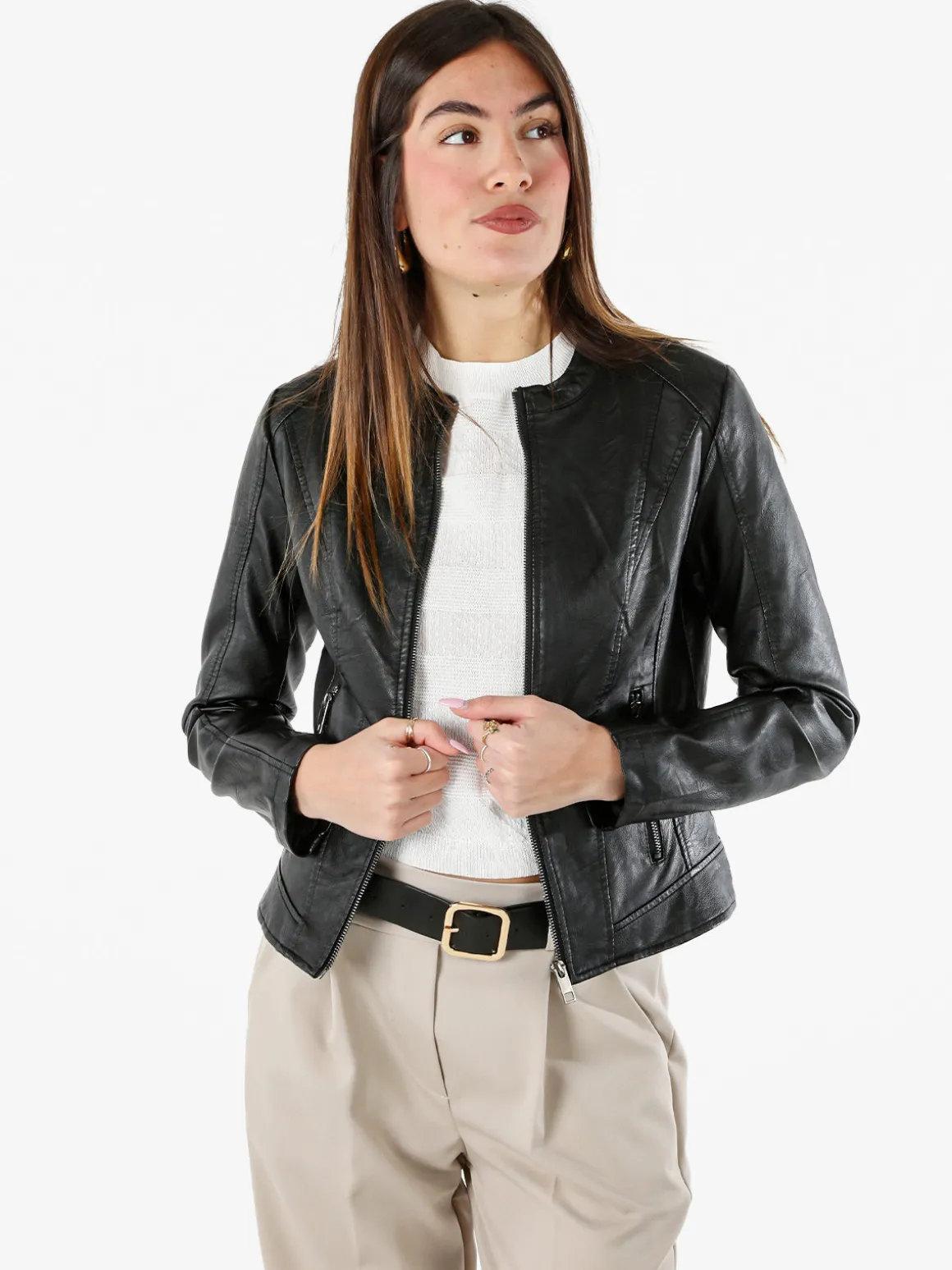 Solada Giacca donna in ecopelle con zip - nero