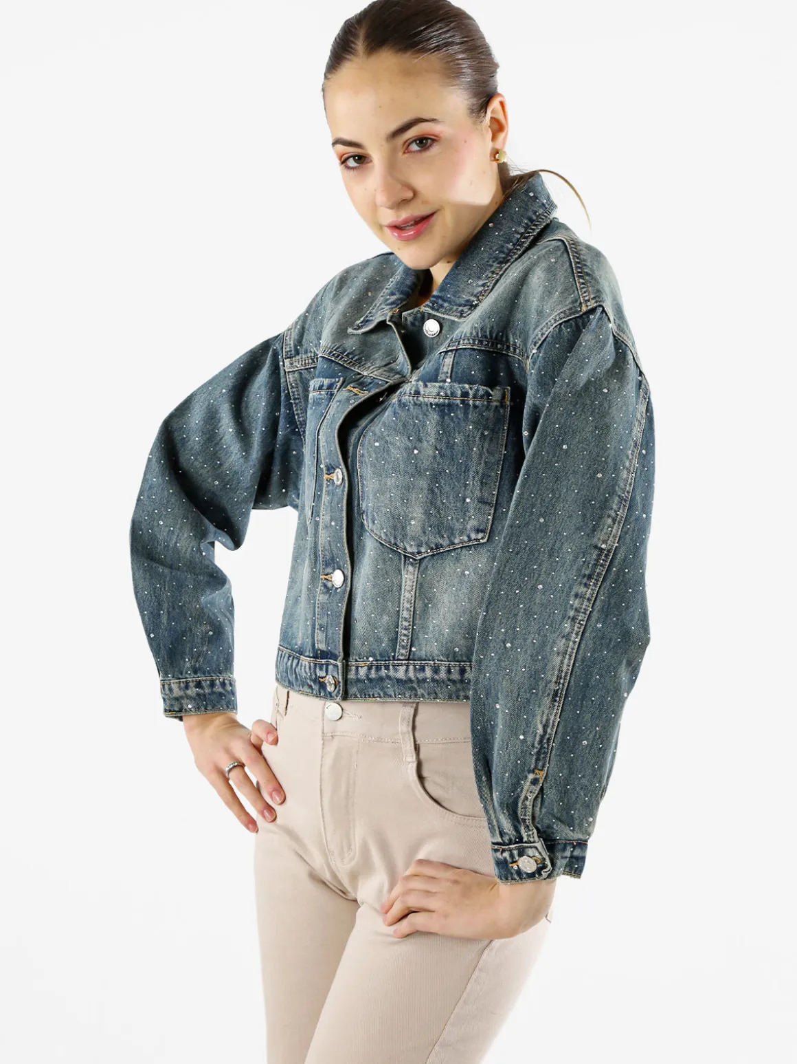 Solada Giacca donna in jeans oversize con strass - jeans