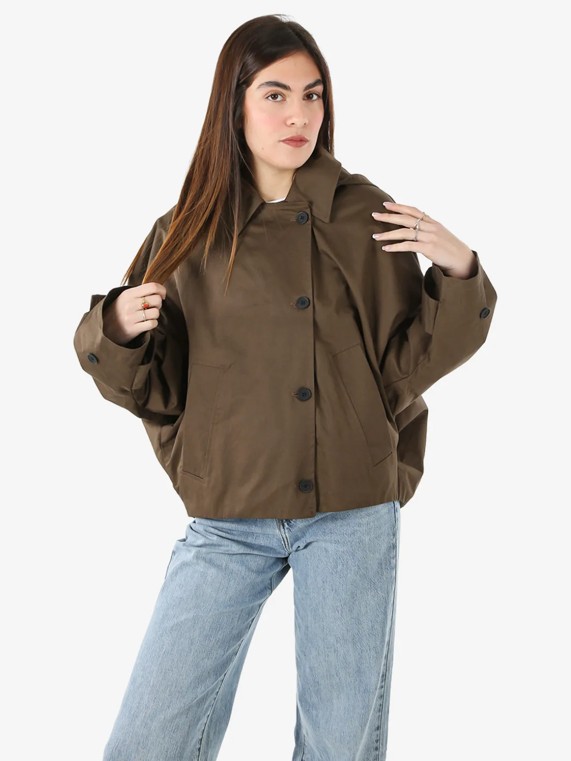 Solada Giacca donna oversize in cotone con maniche a pipistrello e cappuccio - moro