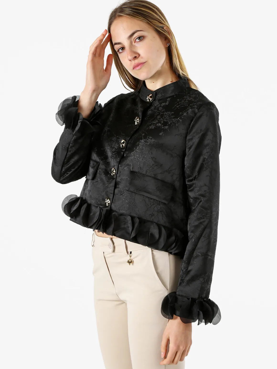 Solada Giacca elegante da donna con ricami e volant - nero