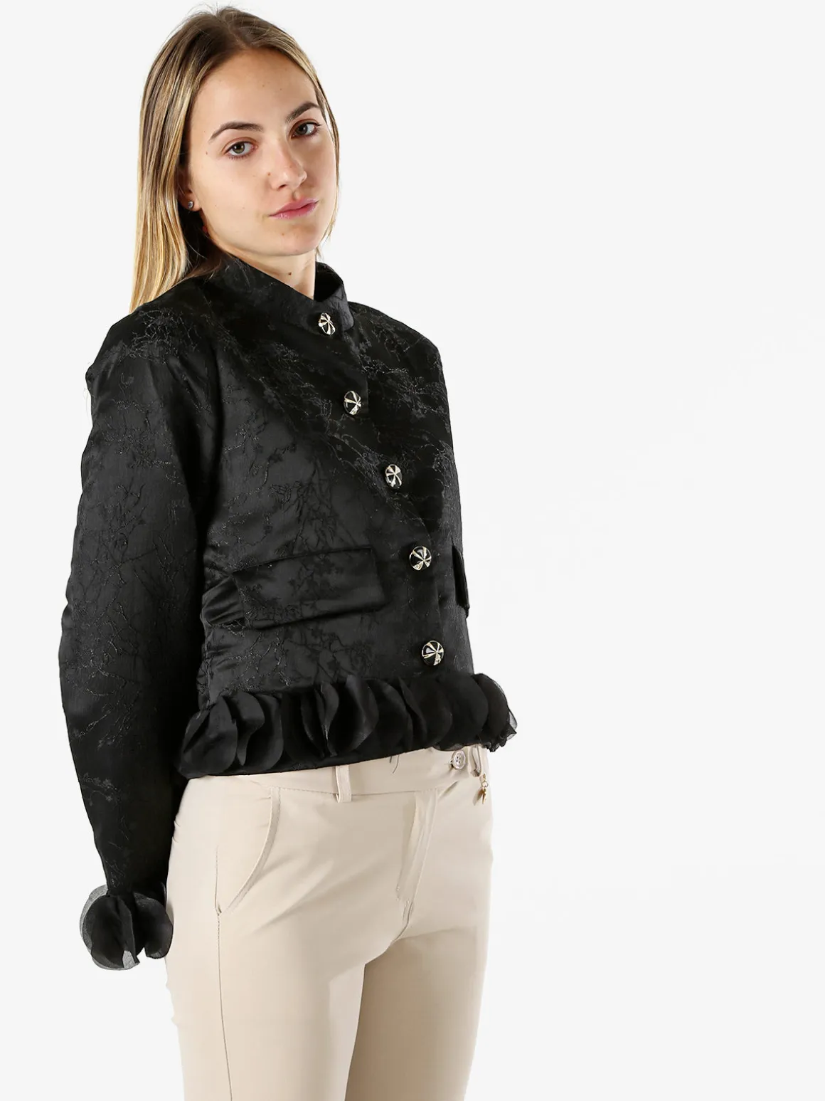 Solada Giacca elegante da donna con ricami e volant - nero