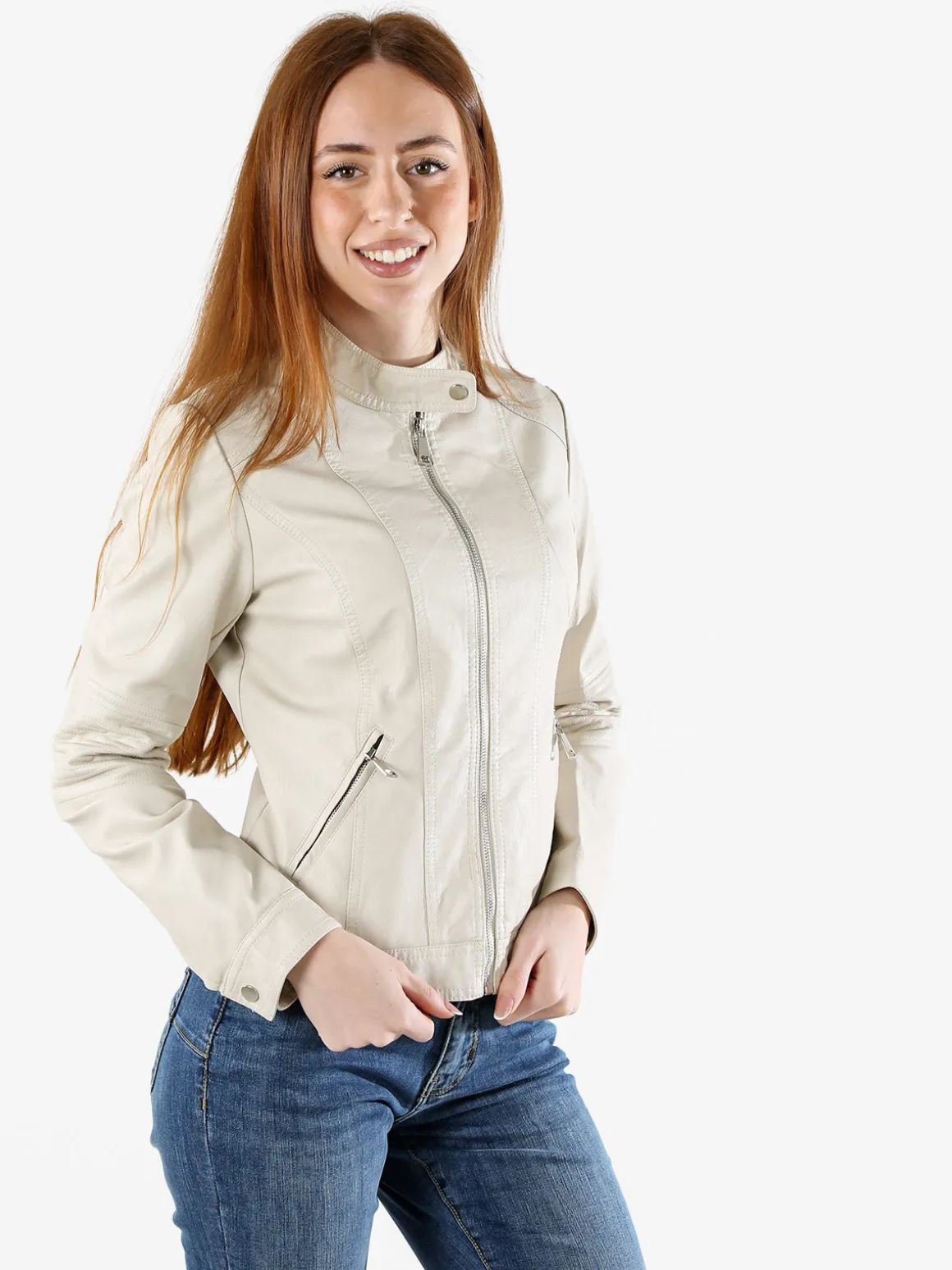Solada Giacca in ecopelle da donna con zip - beige