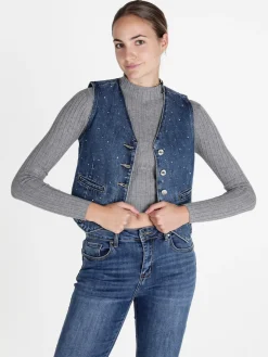 Solada Gilet donna in jeans con strass