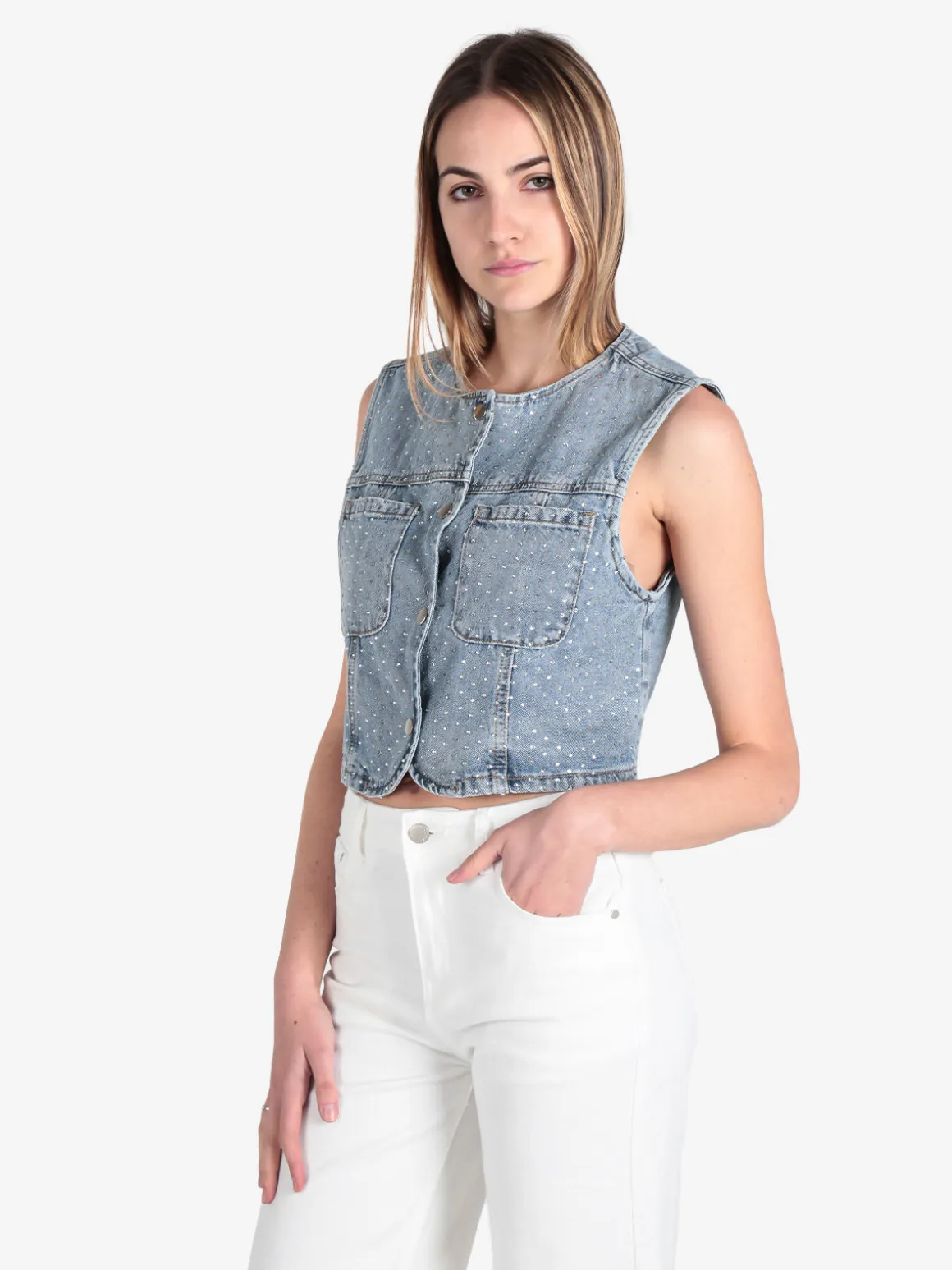 Solada Gilet donna in jeans con strass