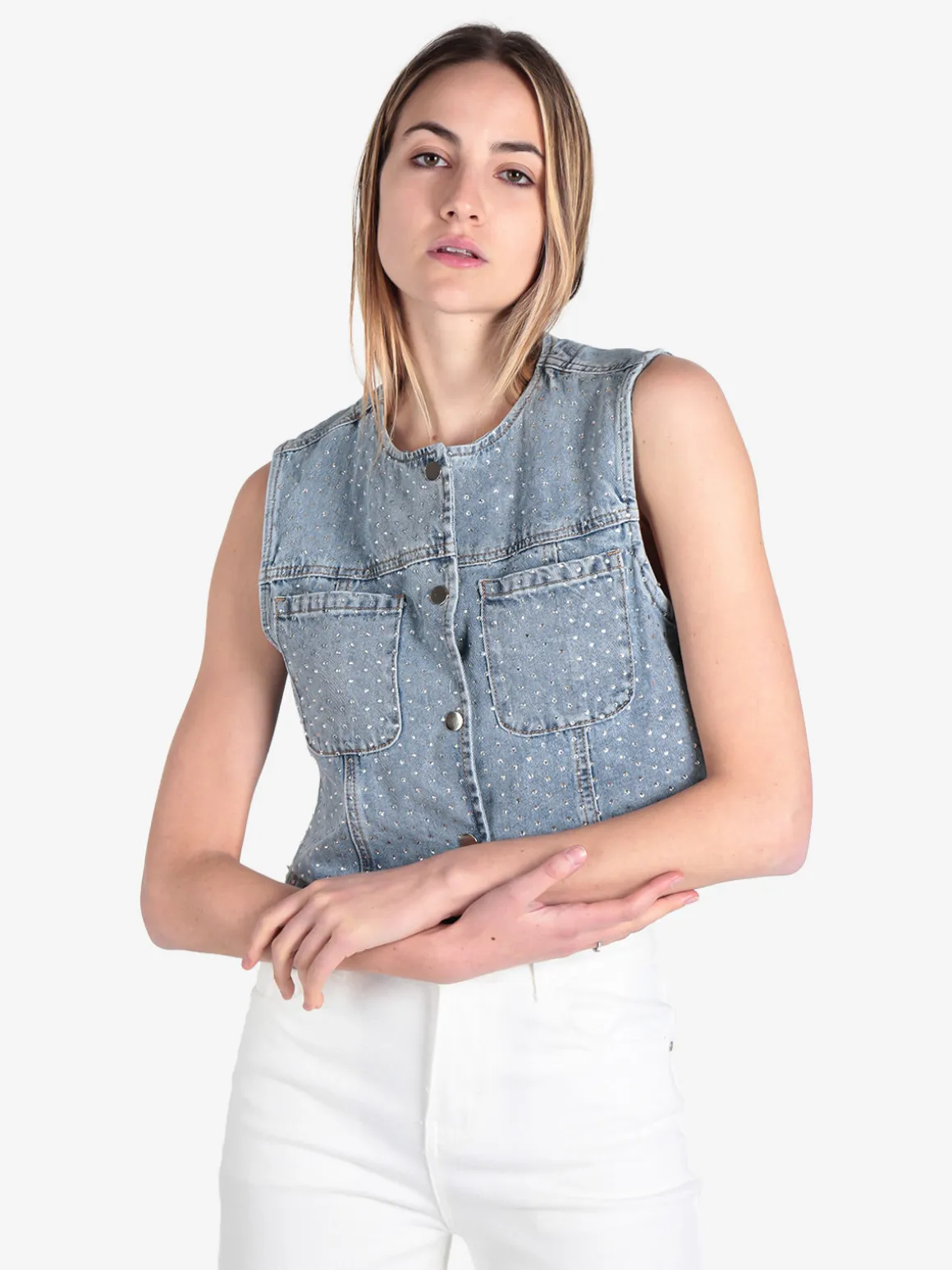 Solada Gilet donna in jeans con strass