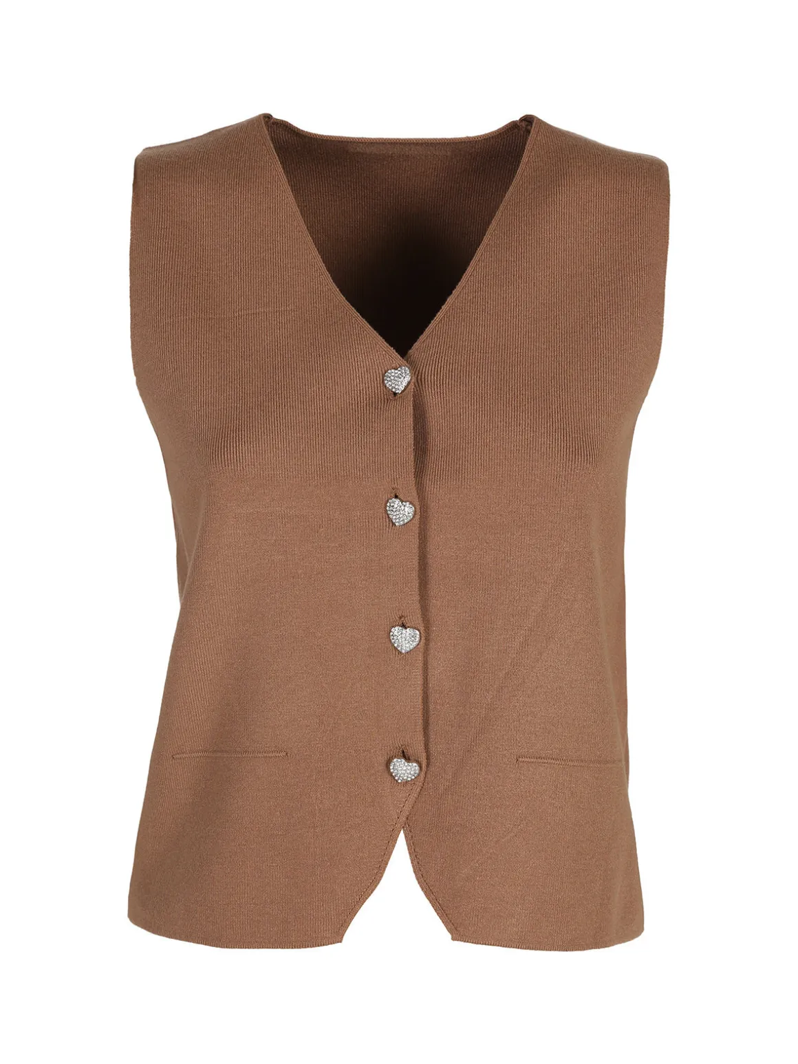 Solada Gilet donna in maglia con bottoni gioiello a cuore - cammello