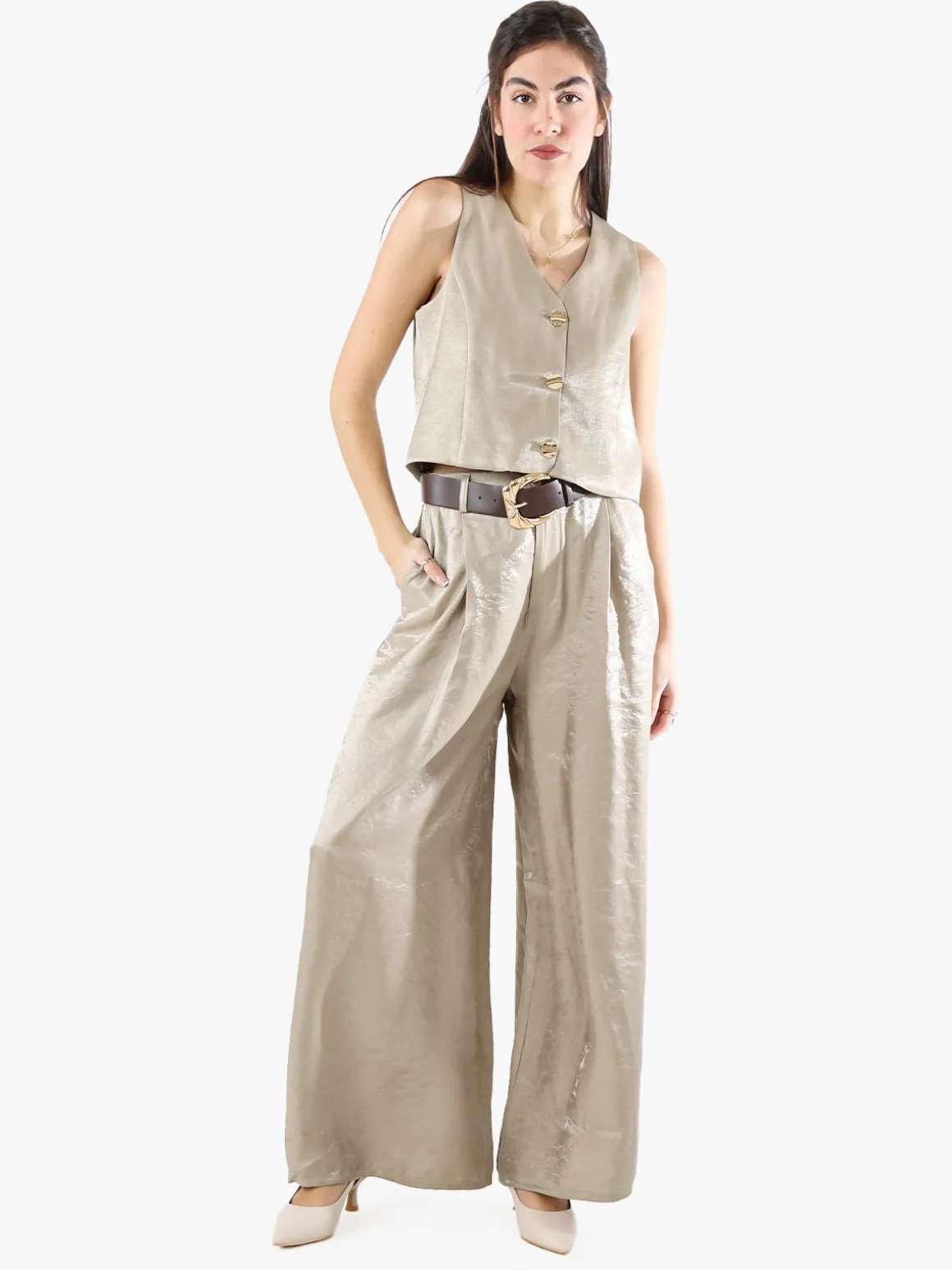 Solada Gilet donna in tessuto cangiante con bottoni dorati - khaki