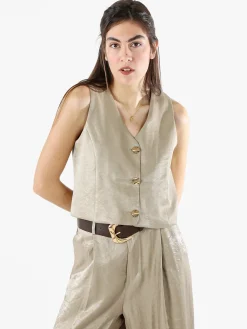 Solada Gilet donna in tessuto cangiante con bottoni dorati - khaki