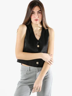 Solada Gilet donna in tessuto cangiante con bottoni dorati - nero