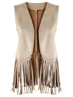 Solada Gilet donna scamosciato con borchie e frange - beige