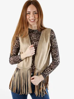 Solada Gilet donna scamosciato con borchie e frange - beige