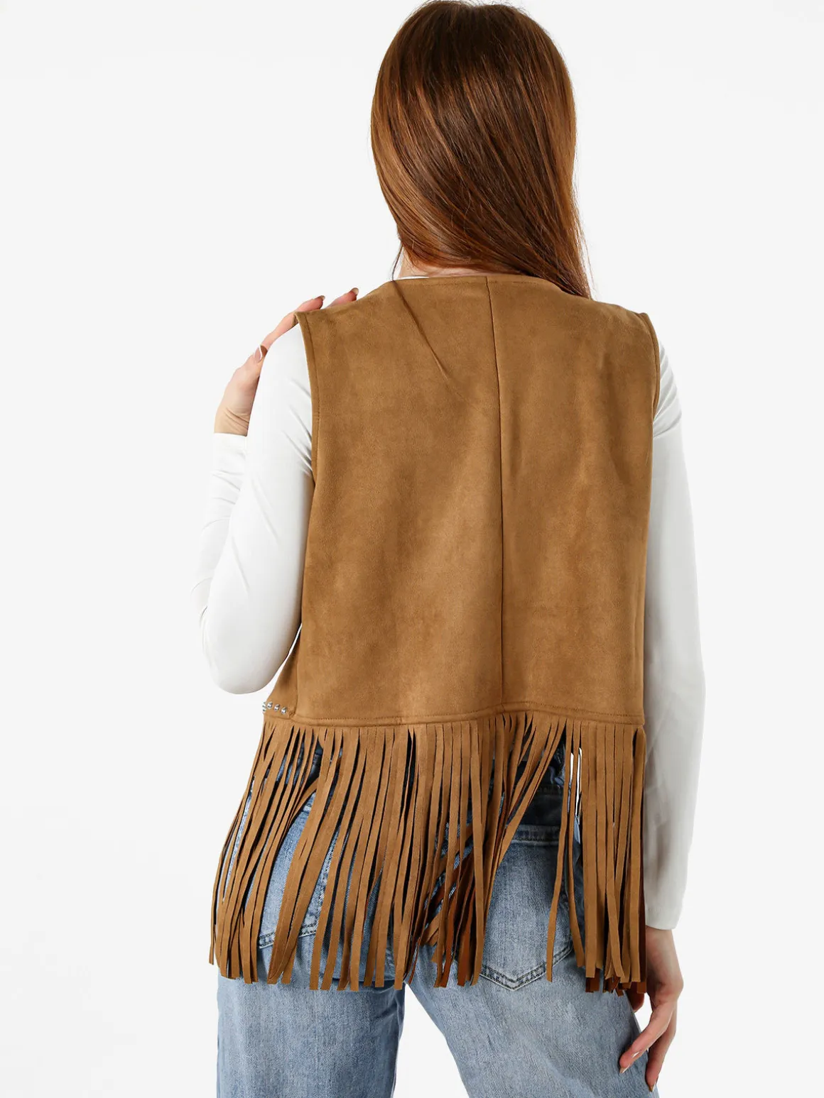 Solada Gilet donna scamosciato con borchie e frange - cammello