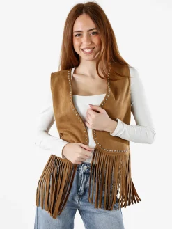 Solada Gilet donna scamosciato con borchie e frange - cammello