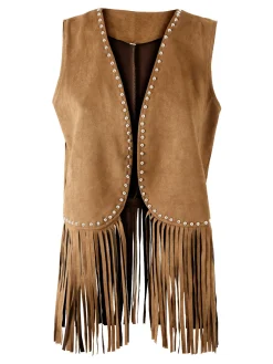 Solada Gilet donna scamosciato con borchie e frange - cammello