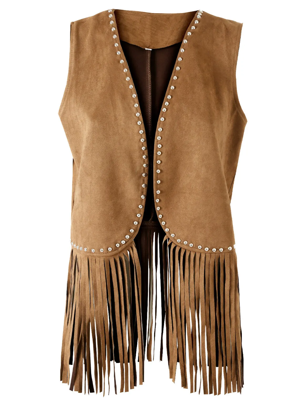 Solada Gilet donna scamosciato con borchie e frange - cammello