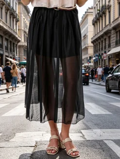 Solada Gonna lunga da donna con cintura bicolore in corda - nero