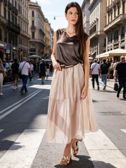 Solada Gonna lunga da donna con cintura bicolore in corda - beige