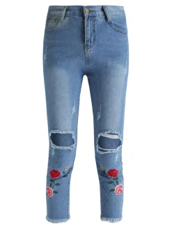 Solada Jeans boyfriend strappati con ricami fiorati