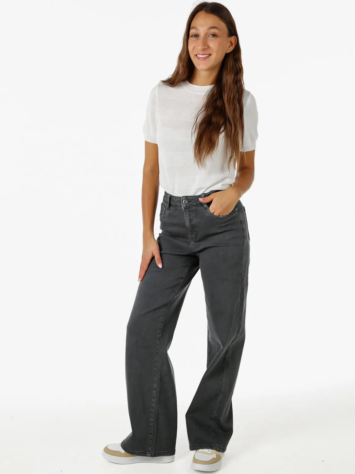 Solada Jeans donna a vita alta con gamba larga - grigio