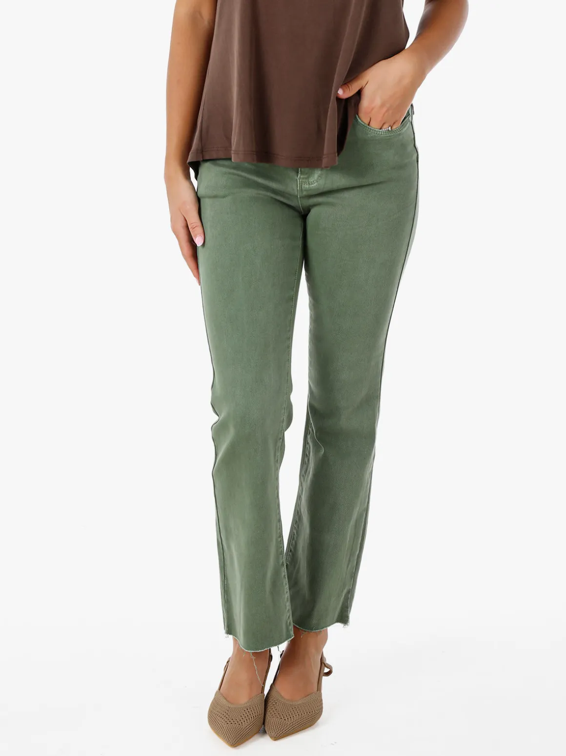 Solada Jeans donna cropped con finale taglio laser - pistacchio