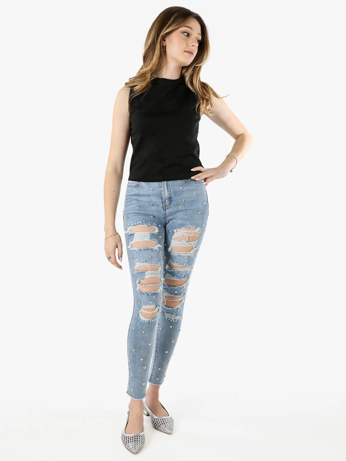 Solada Jeans donna skinny con borchie e strappi - jeans