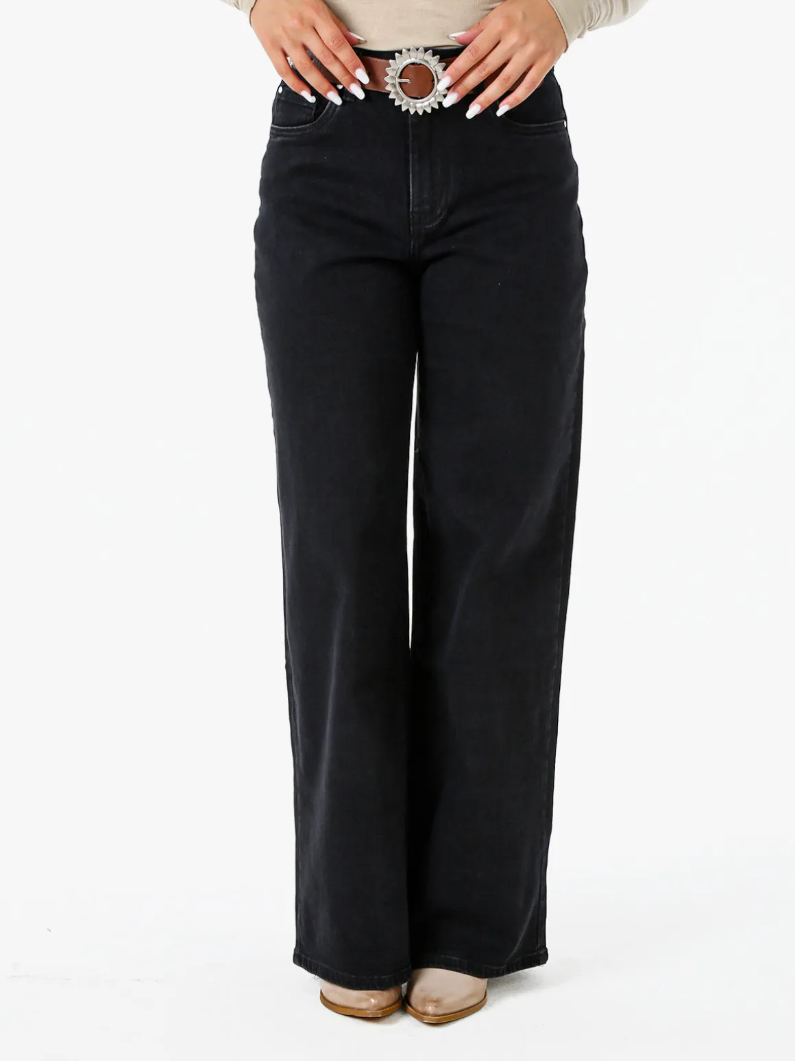 Solada Jeans donna wide leg con cintura - nero