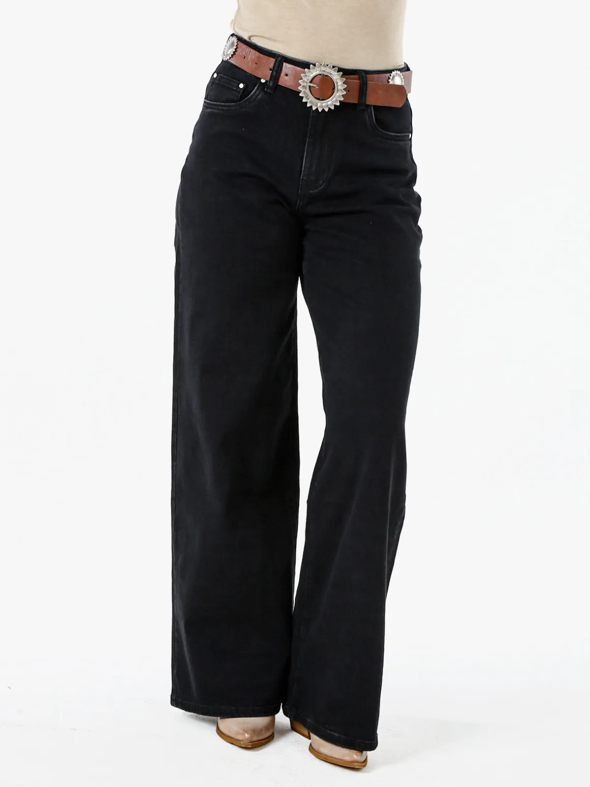 Solada Jeans donna wide leg con cintura - nero