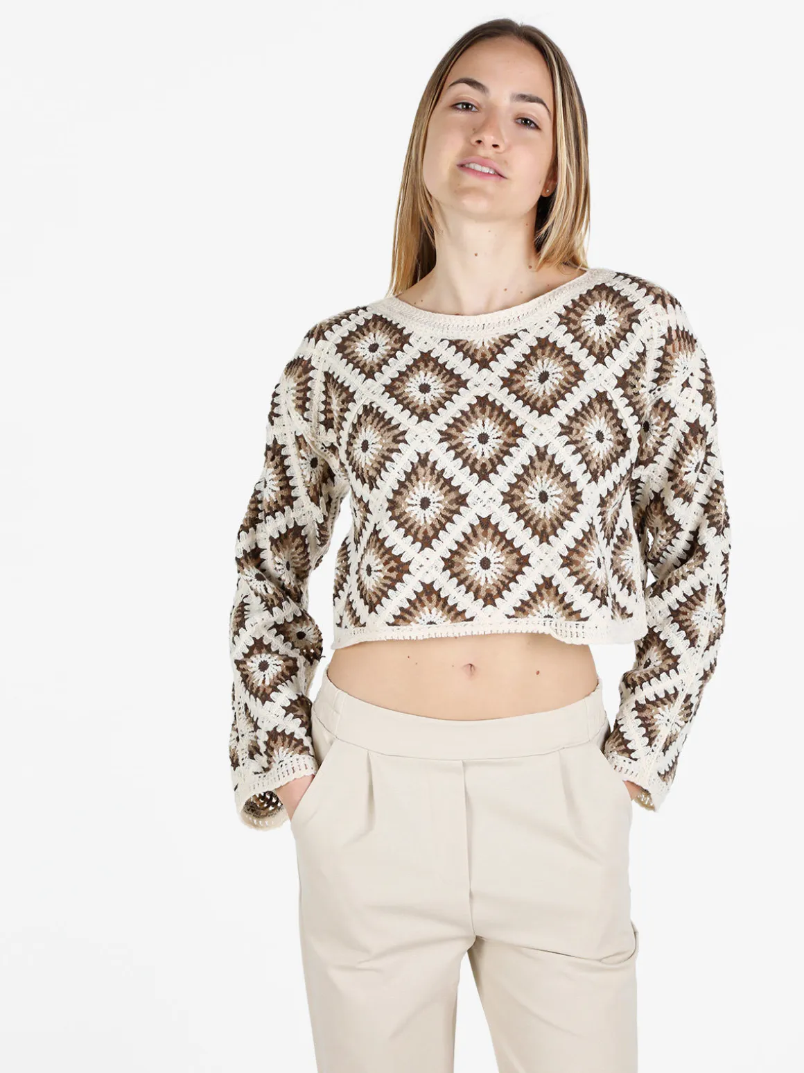Solada Maglia cropped donna in pizzo macramè