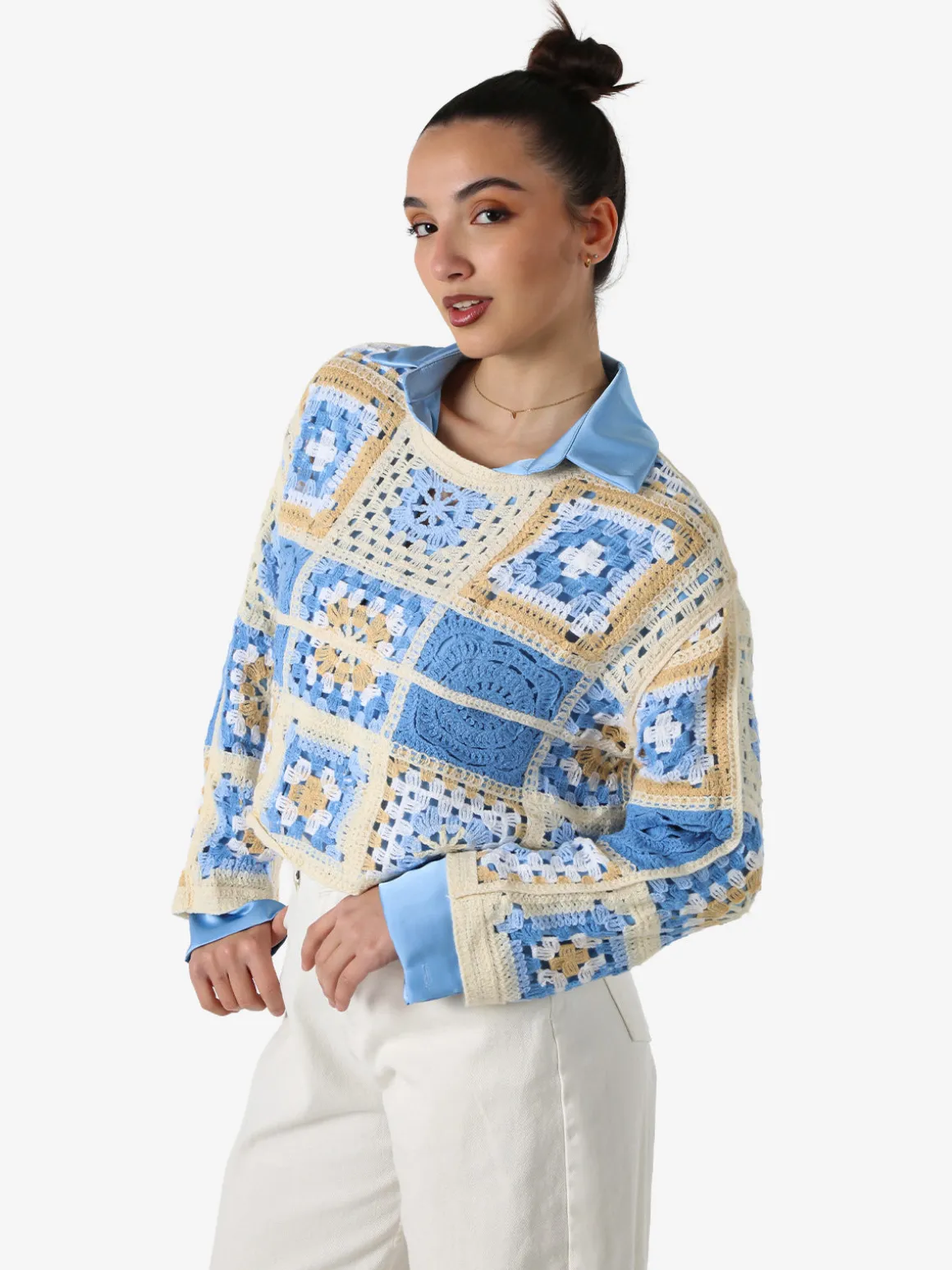 Solada Maglia da donna colorata in macramè - azzurro
