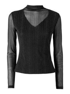 Solada Maglia donna accollata con maniche lunghe velate e dettagli lurex - nero