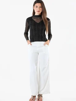 Solada Maglia donna accollata con maniche lunghe velate e dettagli lurex - nero