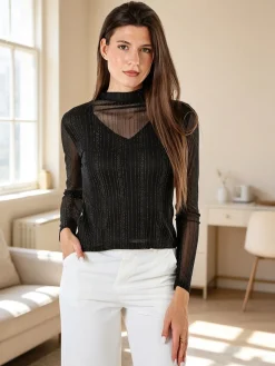 Solada Maglia donna accollata con maniche lunghe velate e dettagli lurex - nero