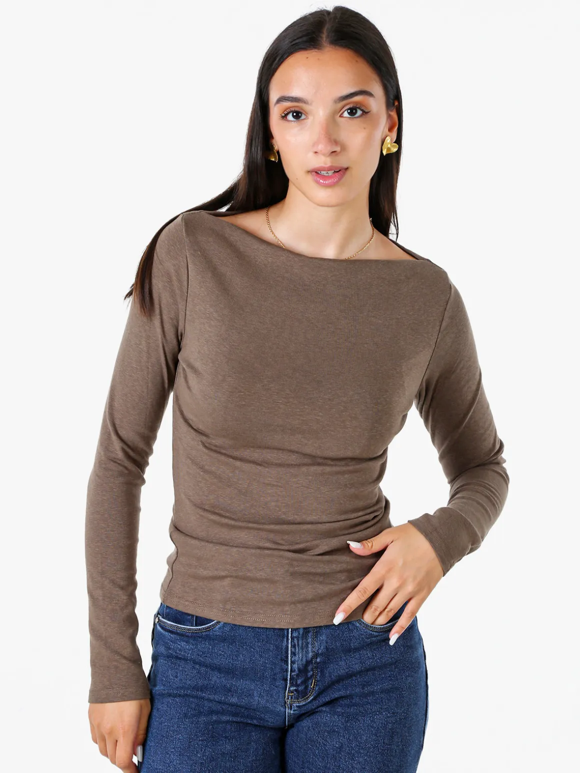 Solada Maglia donna a maniche lunghe con scollo a barchetta - marrone