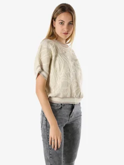 Solada Maglia donna in lurex a maniche corte con ricami - beige
