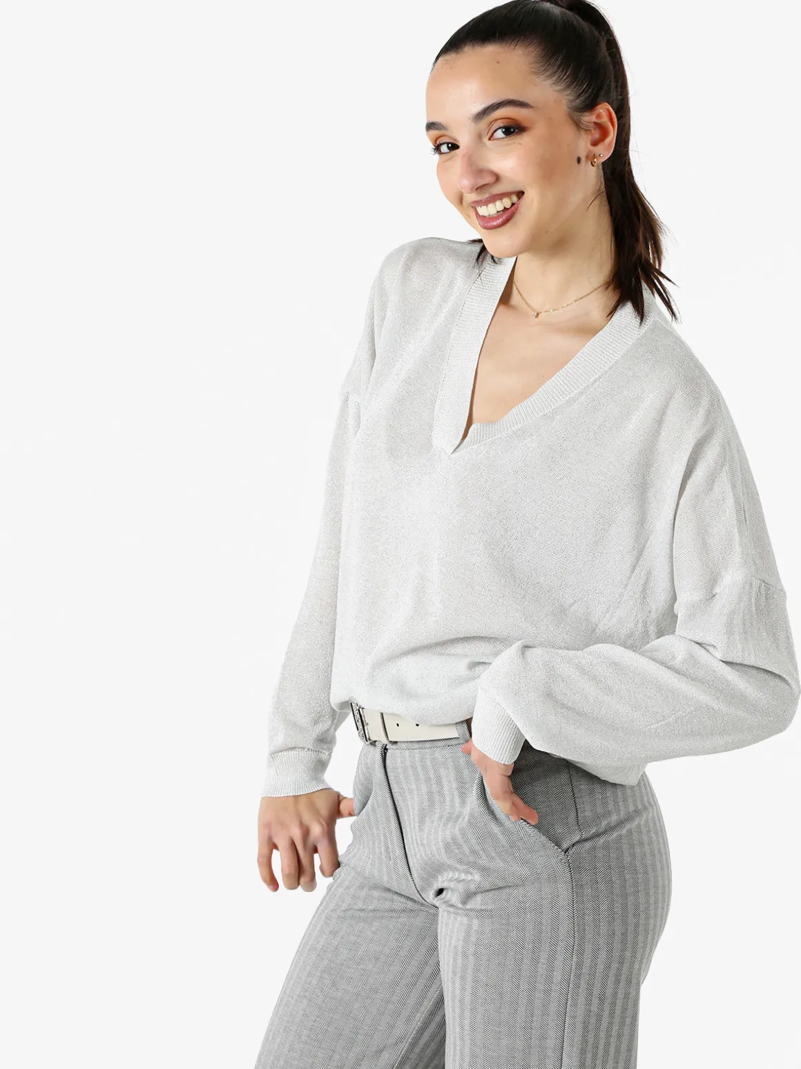 Solada Maglia donna lurex oversize con scollo V - argento