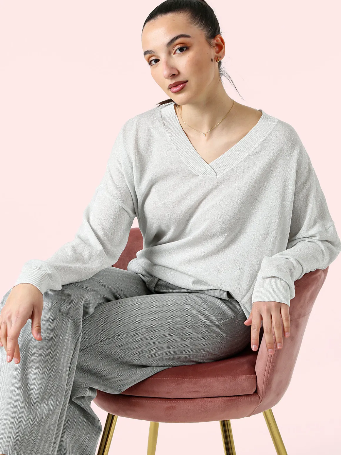 Solada Maglia donna lurex oversize con scollo V - argento