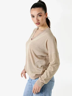 Solada Maglia donna lurex oversize con scollo V - cammello