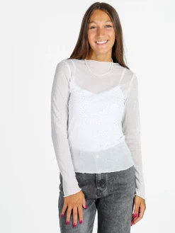 Solada Maglia girocollo da donna in microrete con borchie - bianco