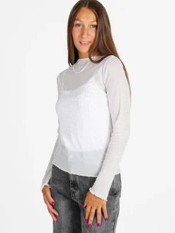 Solada Maglia girocollo da donna in microrete con borchie - bianco