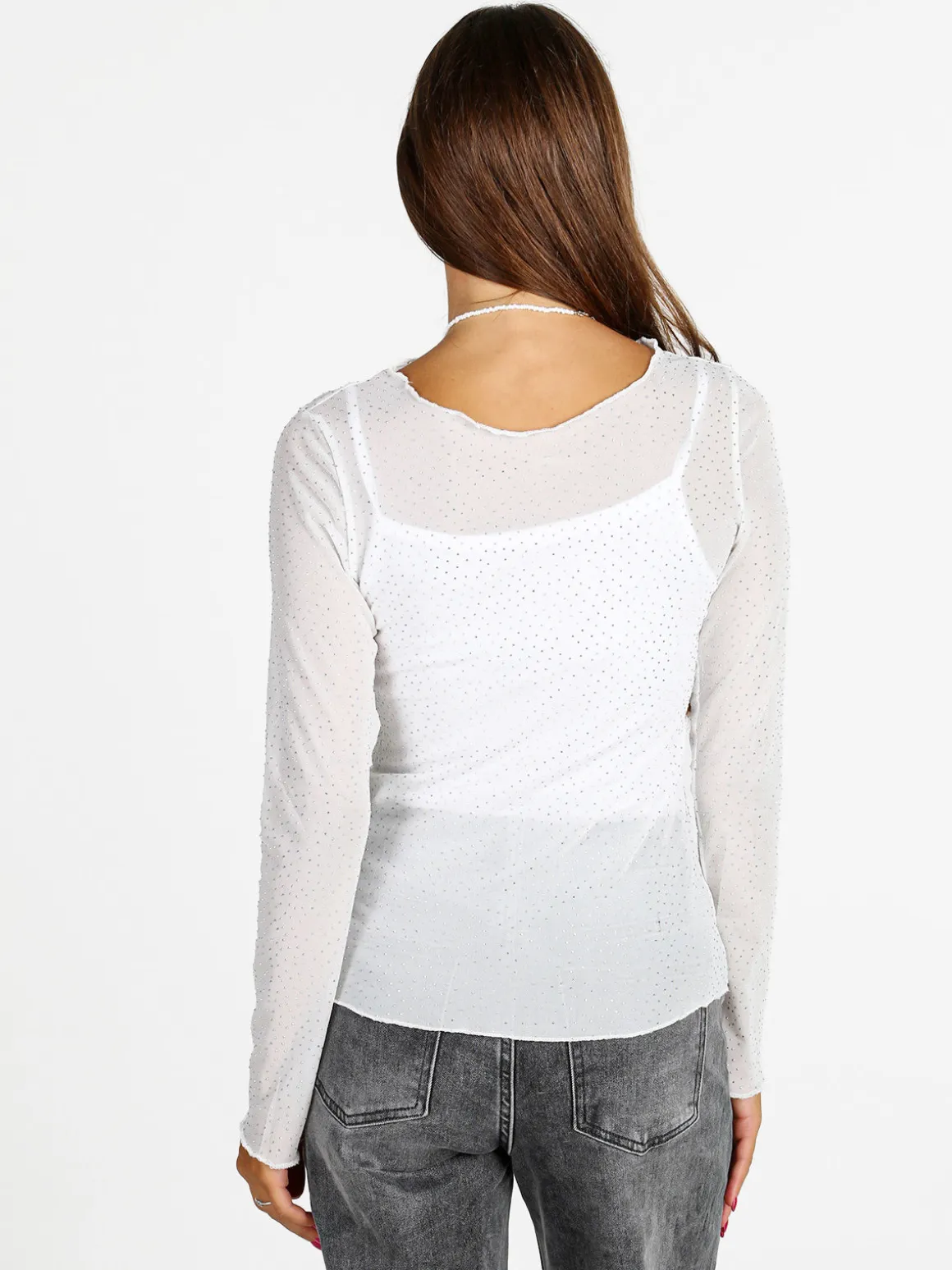 Solada Maglia girocollo da donna in microrete con borchie - bianco