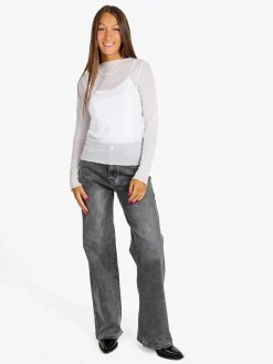 Solada Maglia girocollo da donna in microrete con borchie - bianco