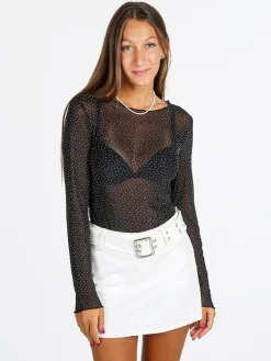Solada Maglia girocollo da donna in microrete con borchie - nero