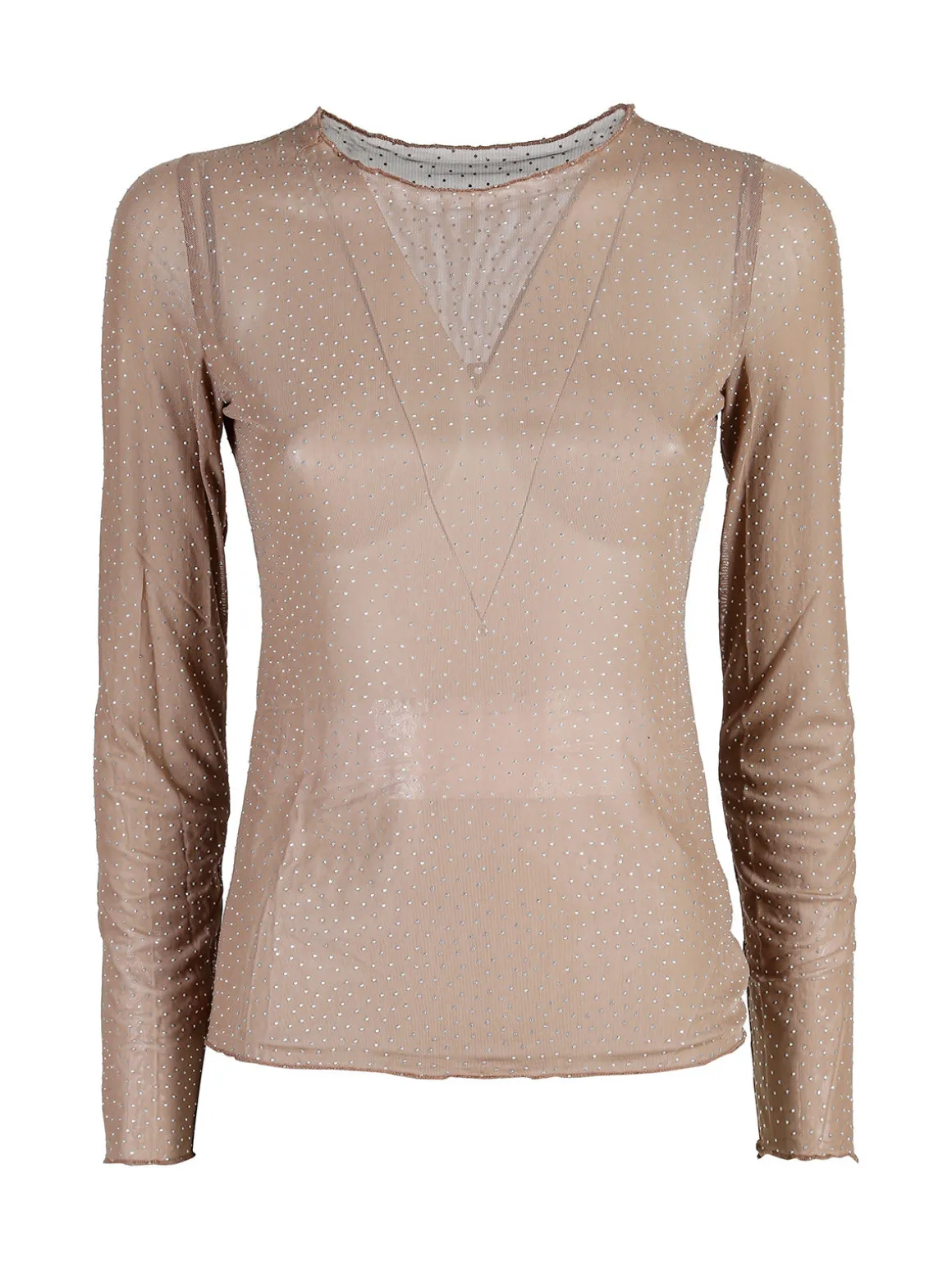Solada Maglia girocollo da donna in microrete con borchie - marrone