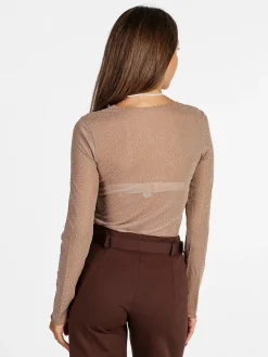 Solada Maglia girocollo da donna in microrete con borchie - marrone