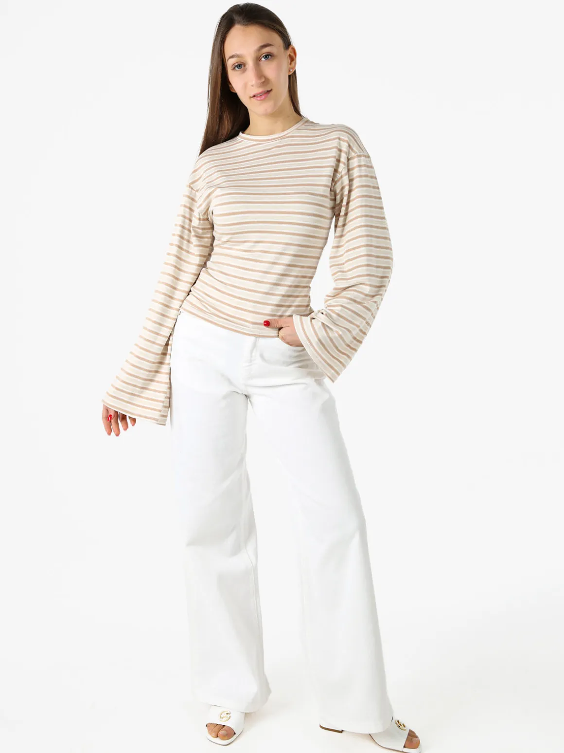 Solada Maglia rigata da donna con maniche lunghe a campana - beige