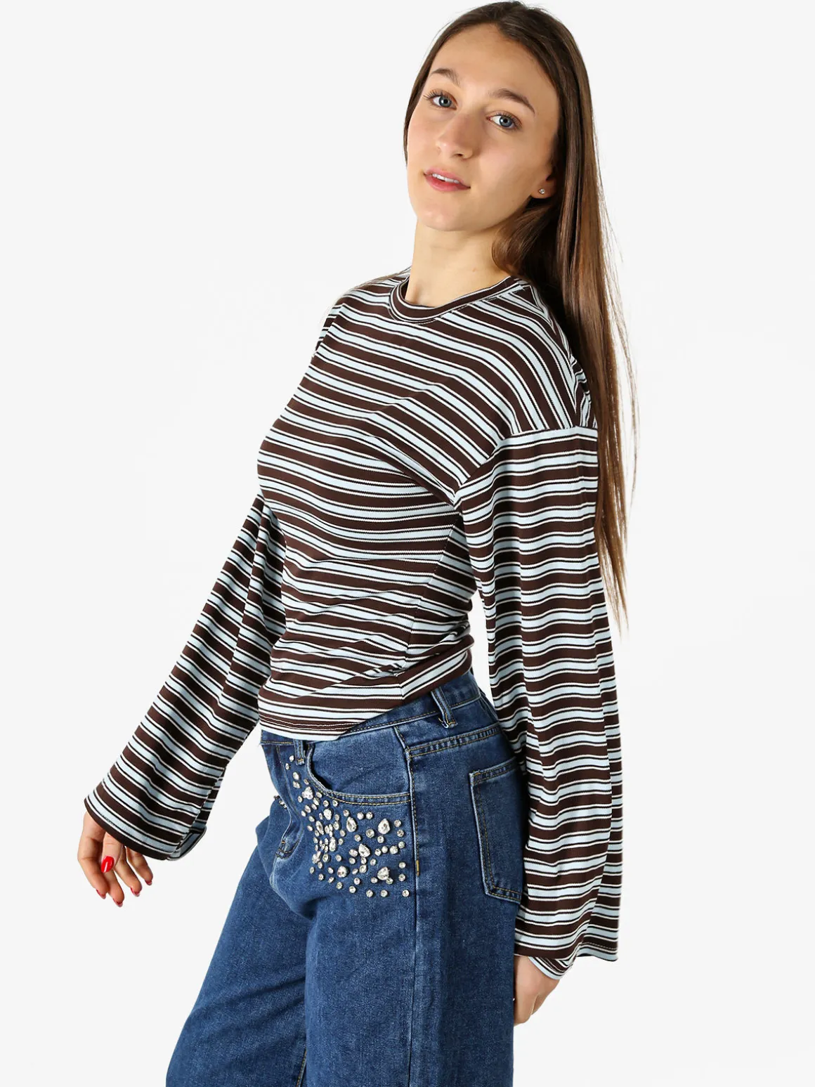Solada Maglia rigata da donna con maniche lunghe a campana - marrone