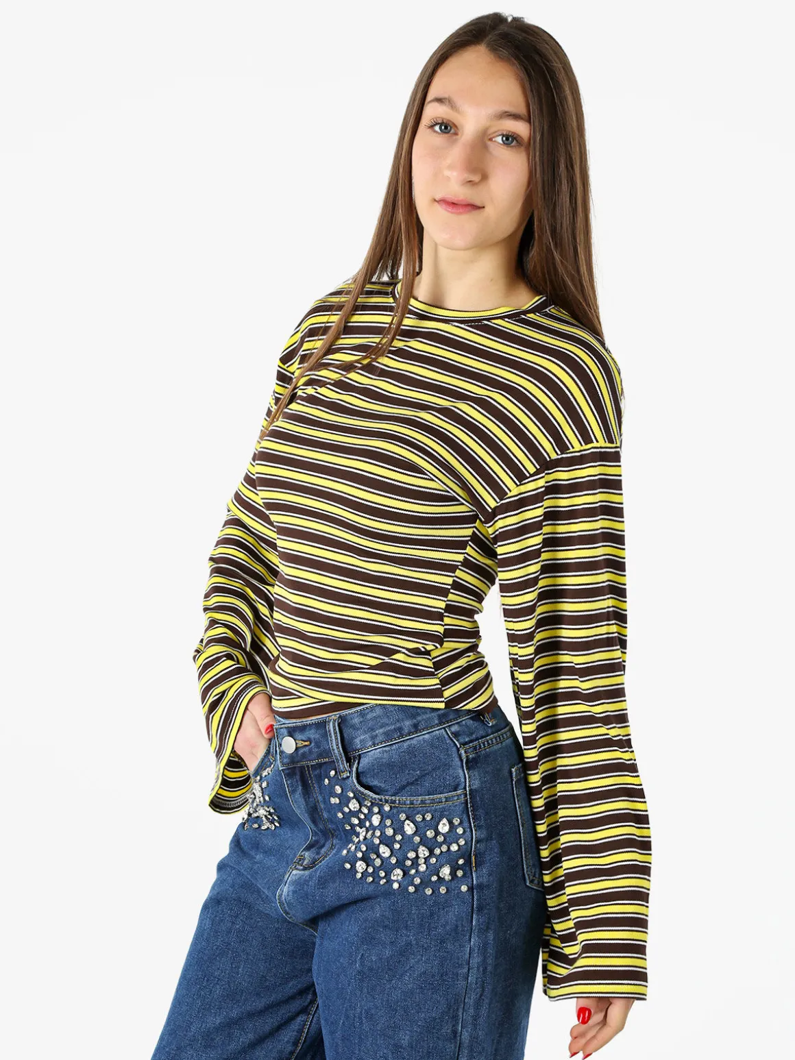 Solada Maglia rigata da donna con maniche lunghe a campana - giallo