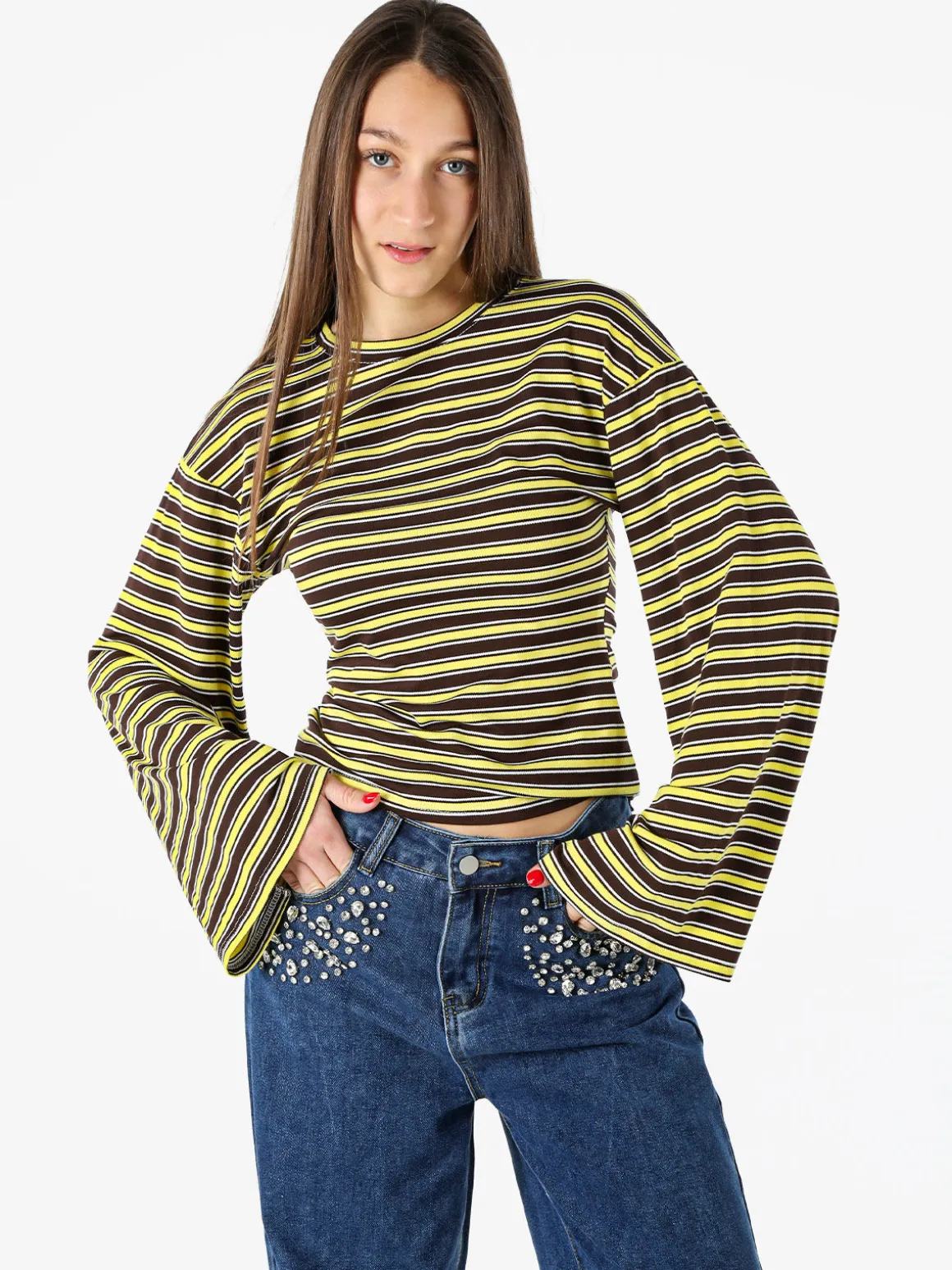 Solada Maglia rigata da donna con maniche lunghe a campana - giallo