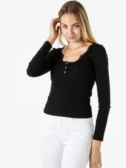 Solada Maglietta donna in cotone a maniche lunghe con dettaglio di pizzo - nero