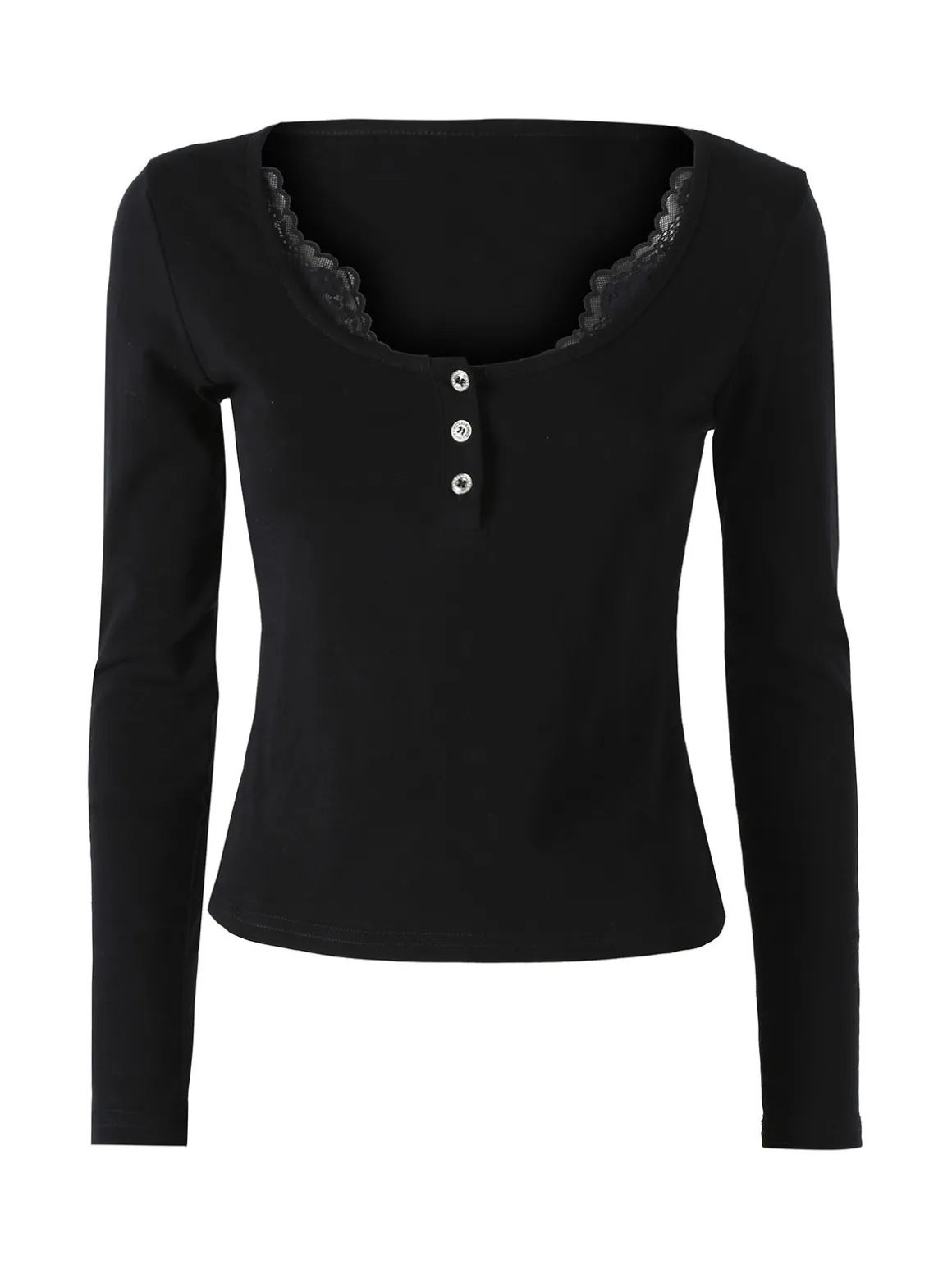 Solada Maglietta donna in cotone a maniche lunghe con dettaglio di pizzo - nero